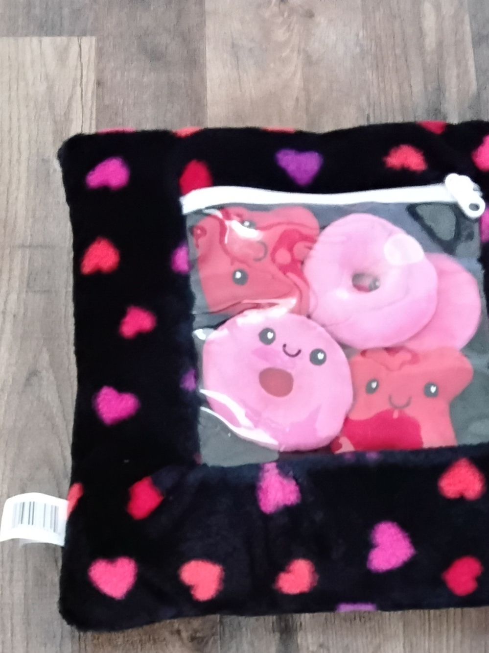 Kids Plush Travel Pillow with Clear Toy Pocket - Black with Pink Hearts